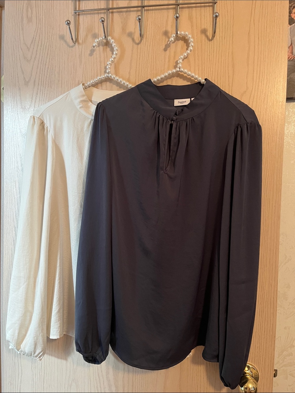 Two  Long-Sleeve Tie-Neck Blouses in Blue & Ivory Colours